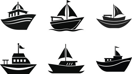 Nautical vessels, ships, and boats sailing the ocean waves: vector illustrations for marine travel and transport icons