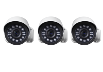  3 white CCTV cameras on a pole, isolated in the middle of the picture, against a white background, in the front view.