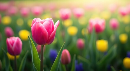 Fototapeta premium A Vibrant Meadow of Tulips Blooming Under the Warm Sunlight Showcasing Spring's Beauty and the Colors of Renewal