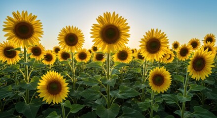 Obraz premium Fields of Gold Sunflowers Swaying in the Breeze Under a Clear Blue Sky on a Summer Afternoon in Rural Countryside