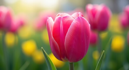 Captivating Close Up of a Vibrant Pink Tulip Against a Softly Blurred Background of Yellow Flowers and Bright Sunlight