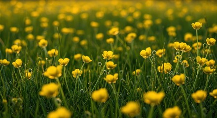 Fototapeta premium Golden buttercups meadow bathed in soft light evoking spring's vibrant renewal