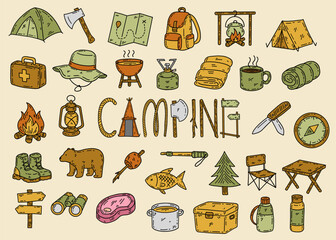Hand drawn camping doodle elements collection, Camping-themed illustrations with gear and nature elements.