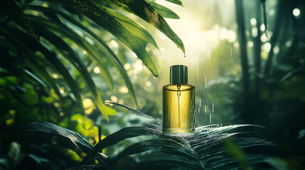 Perfume bottle surrounded by tropical leaves on suny day, product mockup
