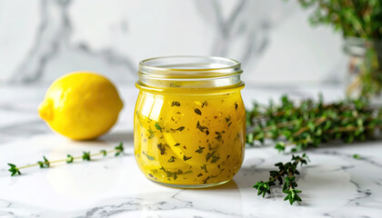 Glass jar of lemon thyme vinaigrette sits on marble countertop, surrounded by fresh lemon and thyme, creating fresh and vibrant scene