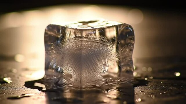 Melting ice cube close-up on dark surface