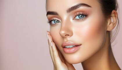 Close-up of a woman with flawless skin and makeup.