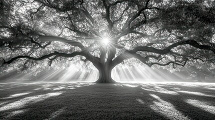 A large majestic tree with sunlight breaking through its branches