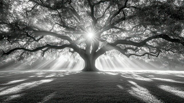 A large majestic tree with sunlight breaking through its branches - Powered by Adobe