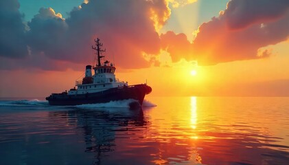 Obraz premium A breathtaking sunrise paints the sky as a powerful tugboat gracefully navigates calm waters, its silhouette a study in elegance against the vibrant backdrop , horizon, waves, strength