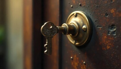 Obraz premium A gleaming brass key inserted into a vintage door lock, highlighting intricate details and a sense of security for a home , engraving, door lock, metal