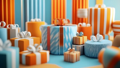 Gift boxes in various colors and patterns arranged on a surface.