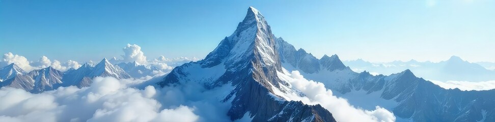 Obraz premium A majestic mountain peak shrouded in mist, its rocky summit reaching for a clear blue sky The scene evokes a sense of adventure and the challenge of reaching the top , fog, tranquil