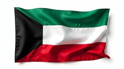 Obraz premium Photorealistic flag of Kuwait flag with horizontal green, white, red stripes and black trapezoid at hoist. Isolated on white. Ideal for educational and graphic design use.