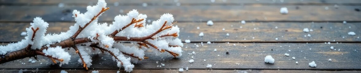 Obraz premium A pristine, freshly-fallen bough of snow-covered white branches rests on a rustic wooden surface Perfect for winter, holiday, or nature-themed projects , macro, pure