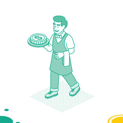 Smiling waiter carrying a tray with a dollar coin. Financial metaphor concept. Artwork in green linear style. Isometric outline illustration.