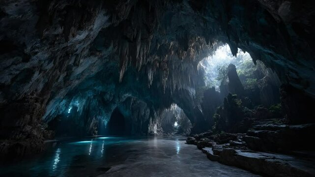 Mysterious Cavern. Sunlight streams into a hidden cavern revealing a subterranean lake with intricate rock formations and an ethereal atmosphere.