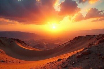 Fototapeta premium A majestic sunrise over the hills of the Negev Desert, symbolizing the divine presence and ancient land of Israel , devotion, scripture, hope