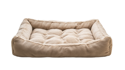plush beige dog bed with soft cushions on white background
