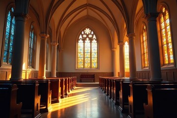 Serene church interior, sunlight streaming through stained glass windows illuminating a quiet prayer space , belief, peace