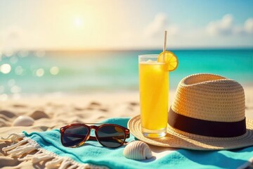 Golden hour sunlight bathes a beach towel, sunglasses, and a refreshing beverage, perfect for a relaxing summer day Seashells and a summer hat add to the idyllic scene , hot, beach