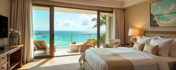 Fototapeta premium Luxurious honeymoon suite with ocean view, private balcony, and lavish amenities Perfect for romantic getaways and unforgettable celebrations , bathtub, hotel, amenities