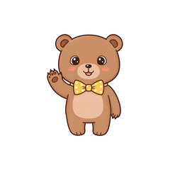 Cute brown teddy bear waving with stitched details and soft texture