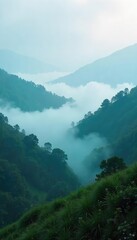 Mysterious misty landscape, ethereal fog shrouding hills, soft light filtering through the vapor, creating an atmospheric scene perfect for fantasy or mystical themes , dusk, color