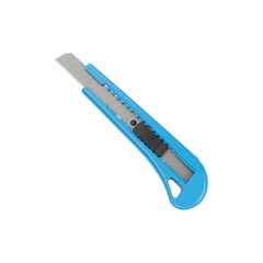 Blue utility box cutter with a retractable blade shown at an angle