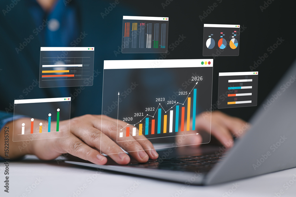 Aufkleber Analyst uses computer with dashboard for data business analysis, Data Management System with KPI and metrics connected to the database for technology finance, marketing online, operations, sales,