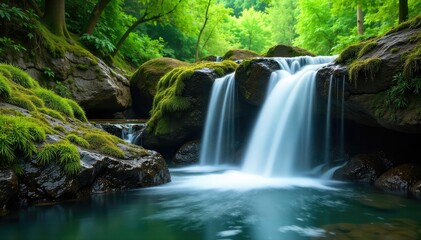 Obraz premium Serene waterfall cascading over mossy rocks, creating a tranquil and peaceful atmosphere perfect for relaxation and meditation Ideal for spa, travel, and nature themes , spa, flowing, mindfulness