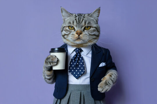 Cat in Suit Holding Coffee Cup Against Purple Background