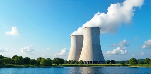 Sleek, modern power plant cooling towers against a clear blue sky Efficient energy production, environmental technology, industrial infrastructure Clean energy future , daytime, manufacturing, clean
