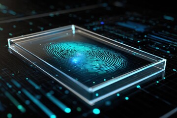 Digital Fingerprint Display on Transparent Glass with Data Background
