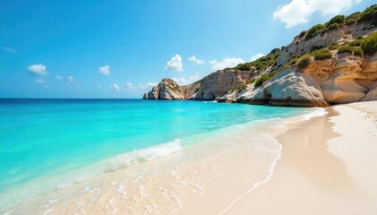 Obraz premium Sun-drenched beach in Mallorca, turquoise water laps gently at the shore, white sand sparkles under the summer sun Perfect for travel, holiday, and vacation imagery , paradise, vibrant