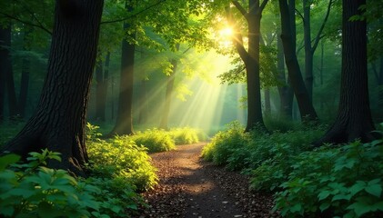 Fototapeta premium Sun-dappled path winding through lush forest, dappled light filtering through leaves, creating a magical, mysterious atmosphere Perfect for adventure, nature, travel themes , trees, woods, roots