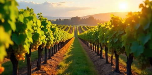 Fototapeta premium Sun-drenched vineyard rows stretching to the horizon, lush green vines heavy with ripening grapes, ready for harvest Golden hour light bathes the landscape in warmth , vineyard scenery, winegrowing