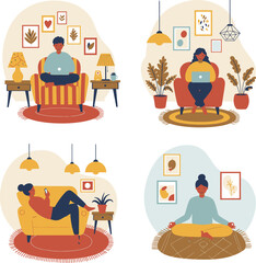 Cartoon vector illustration of a people activities in the home, flat vector design illustrations