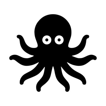 Top-view octopus icon with cartoon eyes &mdash; symmetrical black vector on transparent background