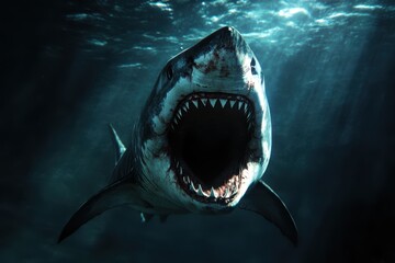 Large shark exhibits open mouth, showcasing sharp teeth in underwater environment, Large shark with open mouth underwater, showing sharp teeth in dark ocean