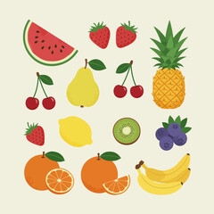 A vibrant collection of fresh and healthy fruit including apple, orange, strawberry, lemon, pear, banana, cherry, pineapple, grape, kiwi, watermelon, plum, peach, and various sweet berries