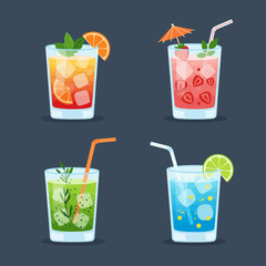 Set of refreshing cold juice drinks with fruit, ice, and lemon in glasses, perfect for a summer party beverage or isolated refreshment