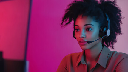 Call center agent assisting customers from home digital workspace portrait bright colors professional environment