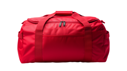 Close up of a red duffel bag on a black studio background