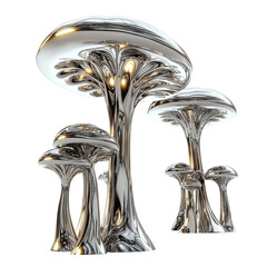 A captivating chrome art piece, showcasing an imaginative cluster of stylized mushrooms, their polished surfaces reflecting light and creating an atmosphere of otherworldly elegance. 