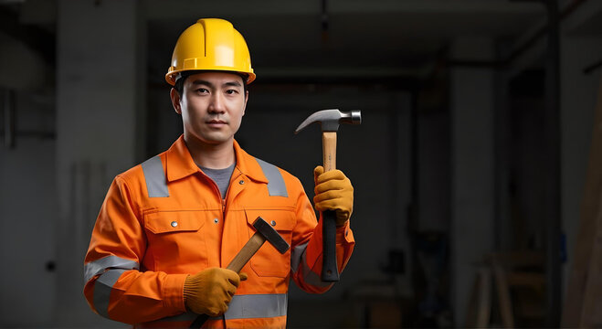 建設現場で安全ヘルメットと反射材付き作業服を着用し、両手にハンマーを持って真剣な表情を見せる男性作業員のポートレート-生成AI