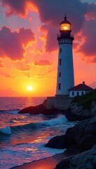 Fototapeta premium A majestic Mediterranean lighthouse stands tall against a vibrant sunset, its white tower silhouetted against the fiery sky, waves gently lapping at its base , coast, spain