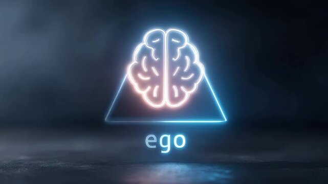 A glowing brain icon balancing on a scale with the word "ego," symbolizing conscious ego management. Emotional control.