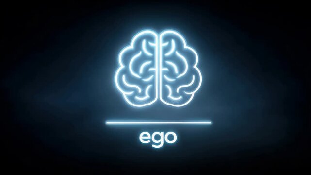 A glowing brain icon balancing on a scale with the word "ego," symbolizing conscious ego management. Emotional control.