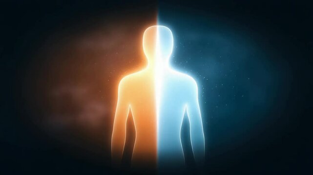 Abstract human silhouette split in two, one side glowing humble light, the other dark pride aura, symbolizing ego control.